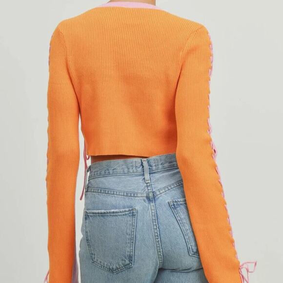 ButterMelon Pink and Orange Lace Up Sweater Size Small Ribbed Crop Top Fashion - Picture 8 of 12